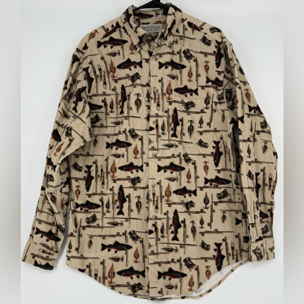 Corduroy Long Sleeve Fishing Print Shirt with Pocket.